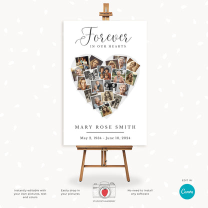 Heart-Shaped Photo Collage Funeral Sign | Customizable Canva Memorial Template