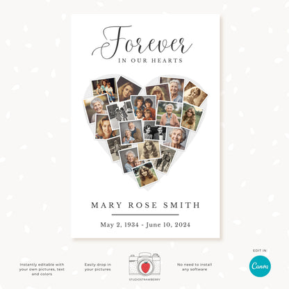 Heart Shaped Funeral Photo Collage Template | Memorial Picture Display Poster | Celebration of Life Canva Template | Set of 3