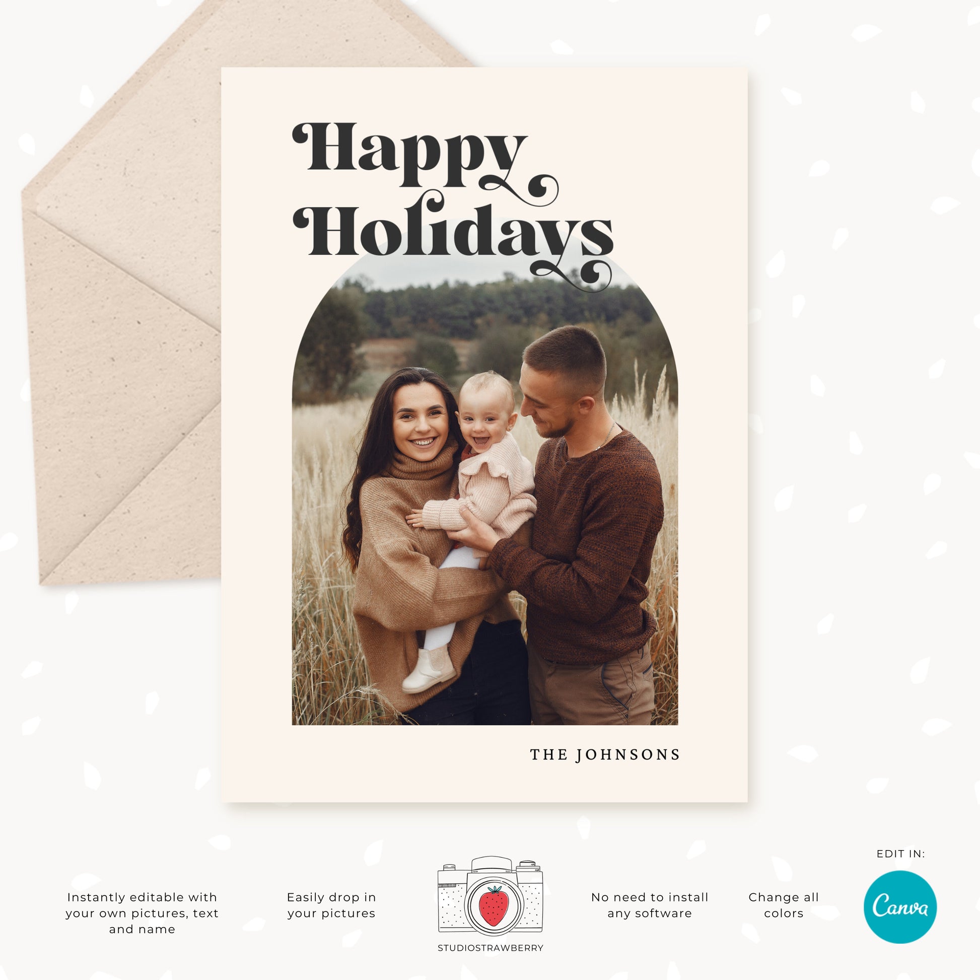 Retro Holiday Photo Card Template | Editable Arch Photo Christmas Card | Classic Family Greeting | Canva Template for Holiday Cards