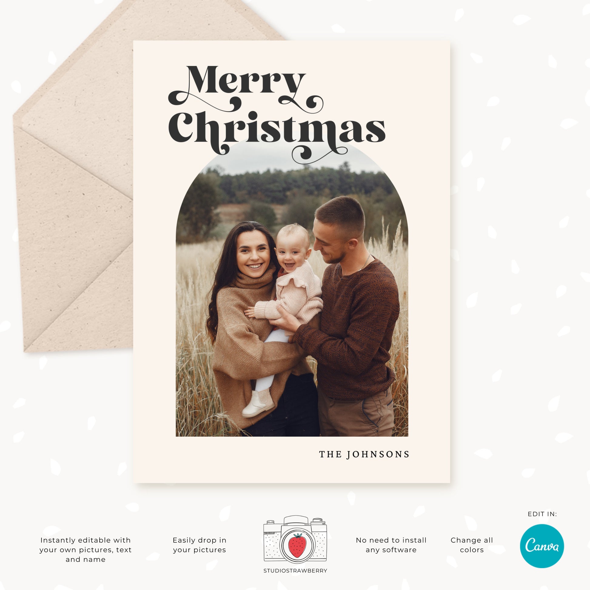 Retro Holiday Photo Card Template | Editable Arch Photo Christmas Card | Classic Family Greeting | Canva Template for Holiday Cards