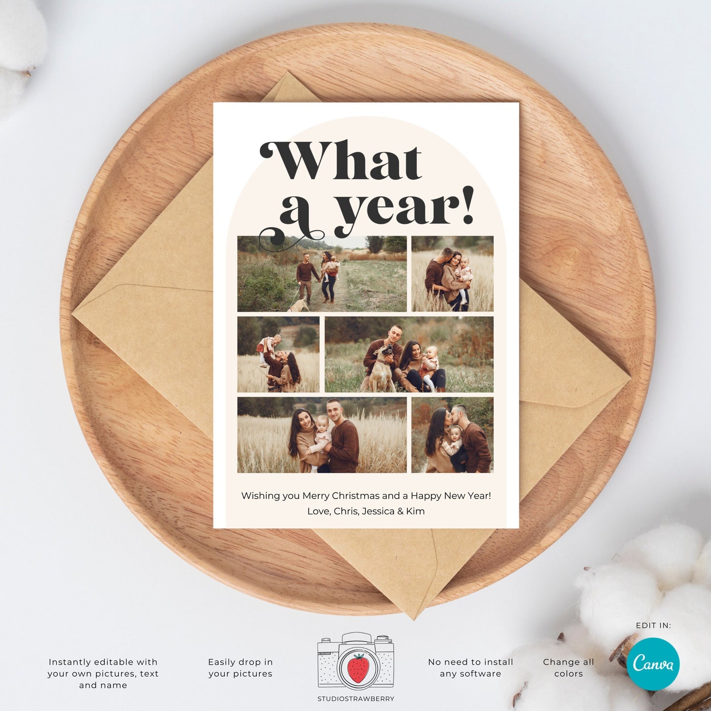 Retro Holiday Photo Card Template | Editable Arch Photo Christmas Card | Classic Family Greeting | Canva Template for Holiday Cards