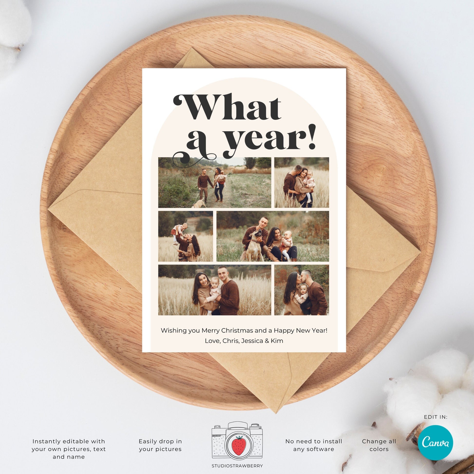 Retro Holiday Photo Card Template | Editable Arch Photo Christmas Card | Classic Family Greeting | Canva Template for Holiday Cards