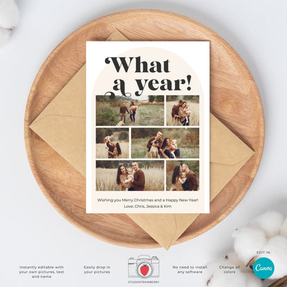 Retro Holiday Photo Card Template | Editable Arch Photo Christmas Card | Classic Family Greeting | Canva Template for Holiday Cards