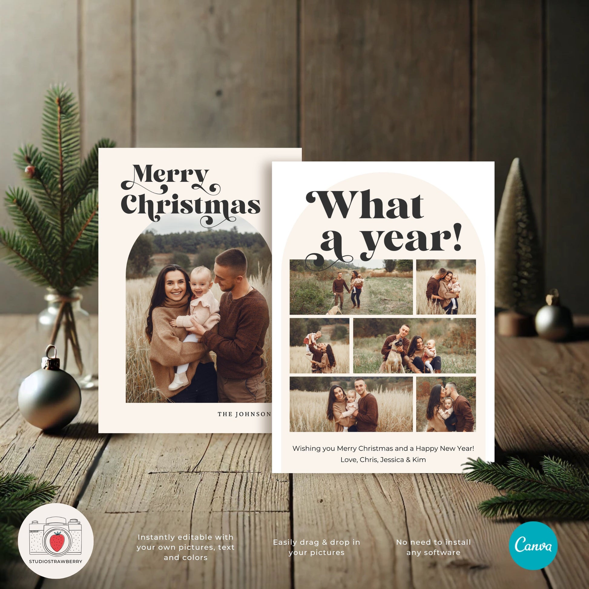 Retro Holiday Photo Card Template | Editable Arch Photo Christmas Card | Classic Family Greeting | Canva Template for Holiday Cards