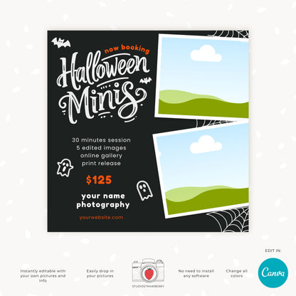 Editable Halloween Mini Sessions Template | Canva Photography Flyer | Customizable Digital & Printable Marketing Card for Halloween Minis