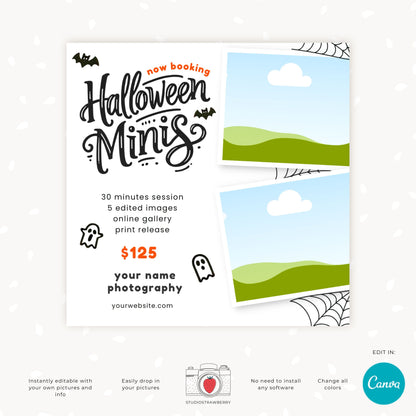 Editable Halloween Mini Sessions Template | Canva Photography Flyer | Customizable Digital & Printable Marketing Card for Halloween Minis