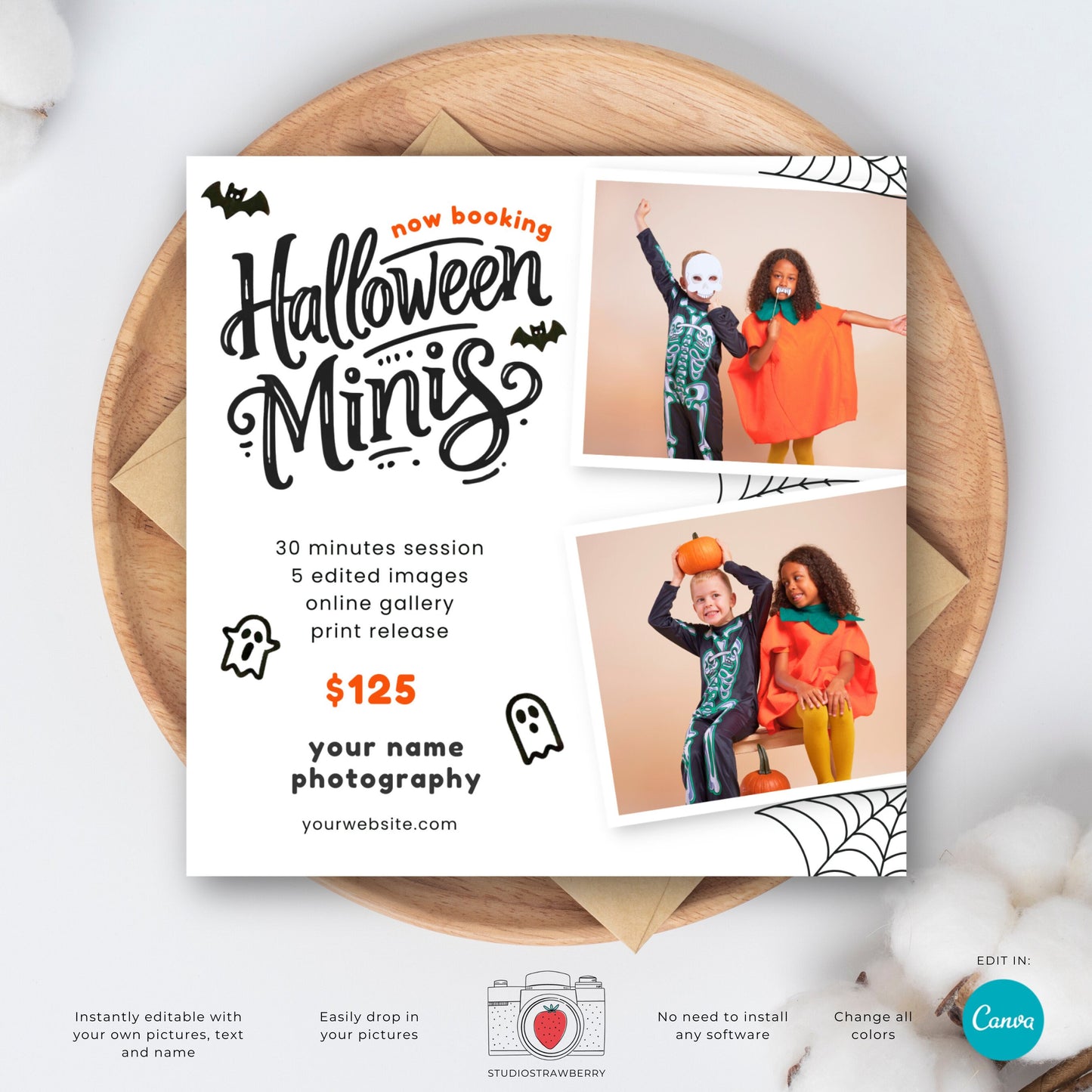 Editable Halloween Mini Sessions Template | Canva Photography Flyer | Customizable Digital & Printable Marketing Card for Halloween Minis