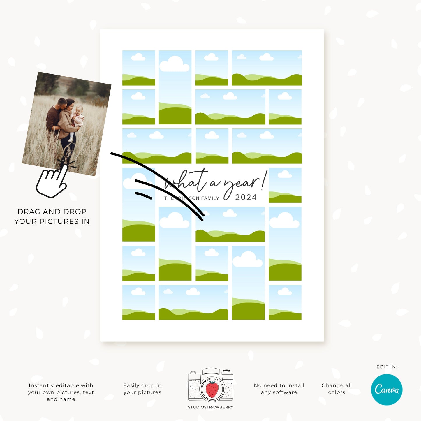 Printable year-in-review card showcasing a family photo collage with “What a Year” headline and editable year and greeting.