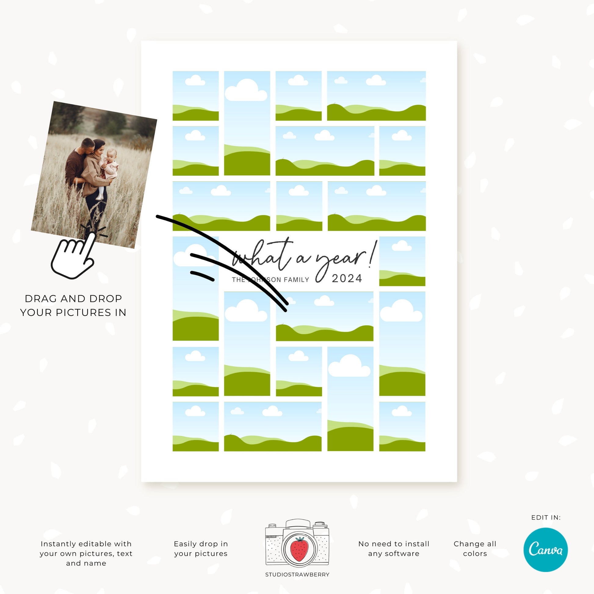 Printable year-in-review card showcasing a family photo collage with “What a Year” headline and editable year and greeting.
