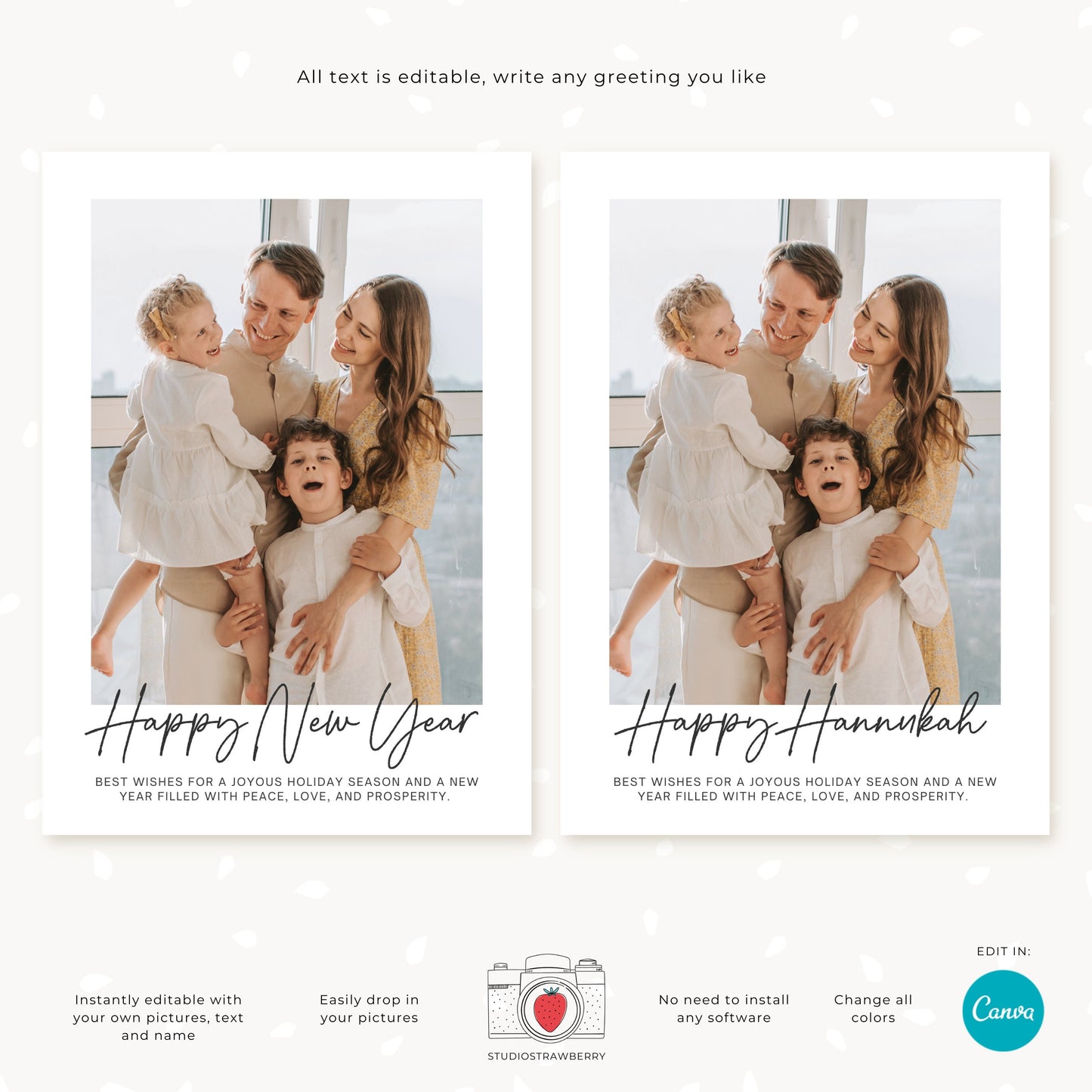 Side-by-side comparison of year-in-review cards with “Happy Holidays” and “Happy Hanukkah” text options, ideal for any celebration.