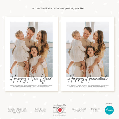 Side-by-side comparison of year-in-review cards with “Happy Holidays” and “Happy Hanukkah” text options, ideal for any celebration.