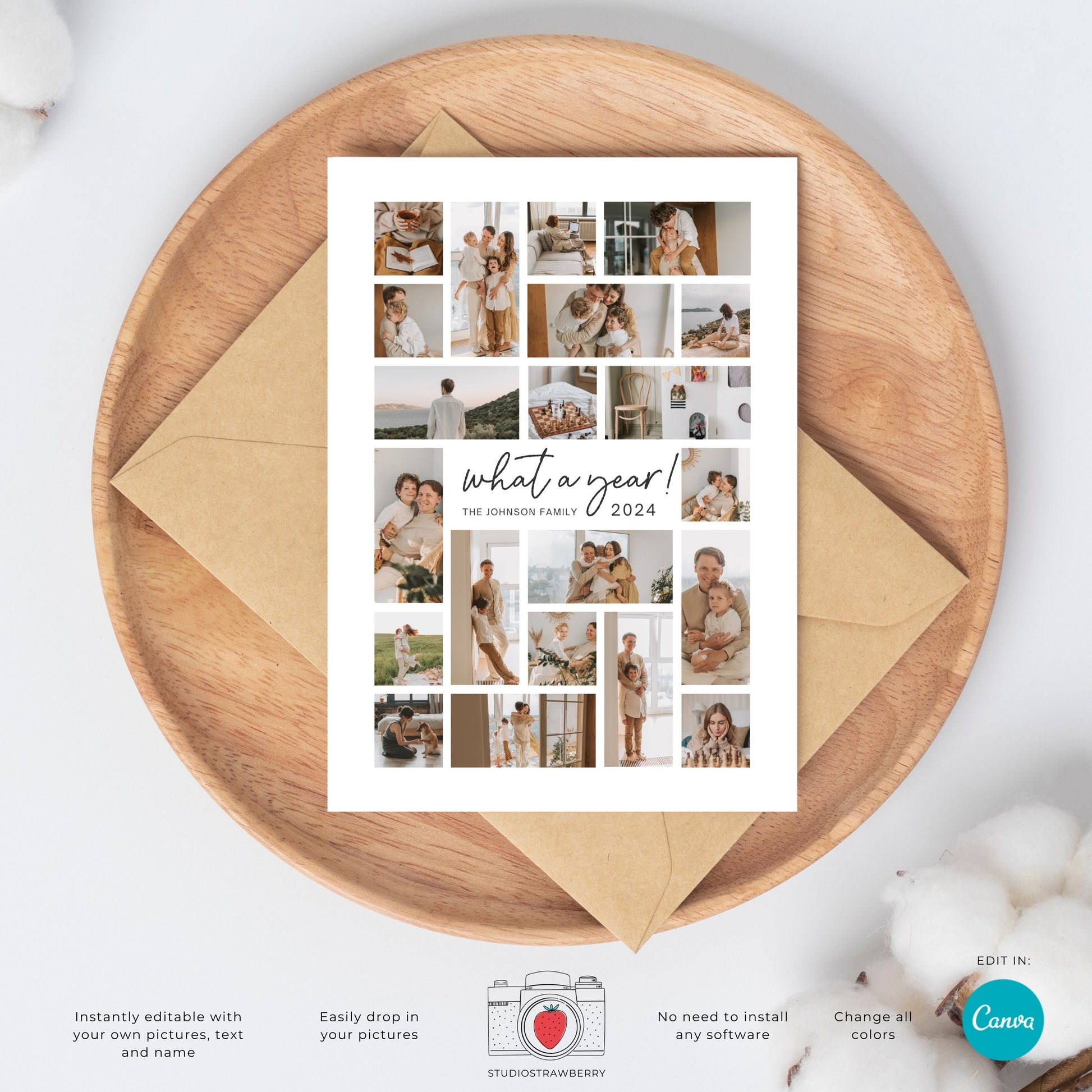 Canva template for creating personalized year-in-review cards with modern typography and holiday options.