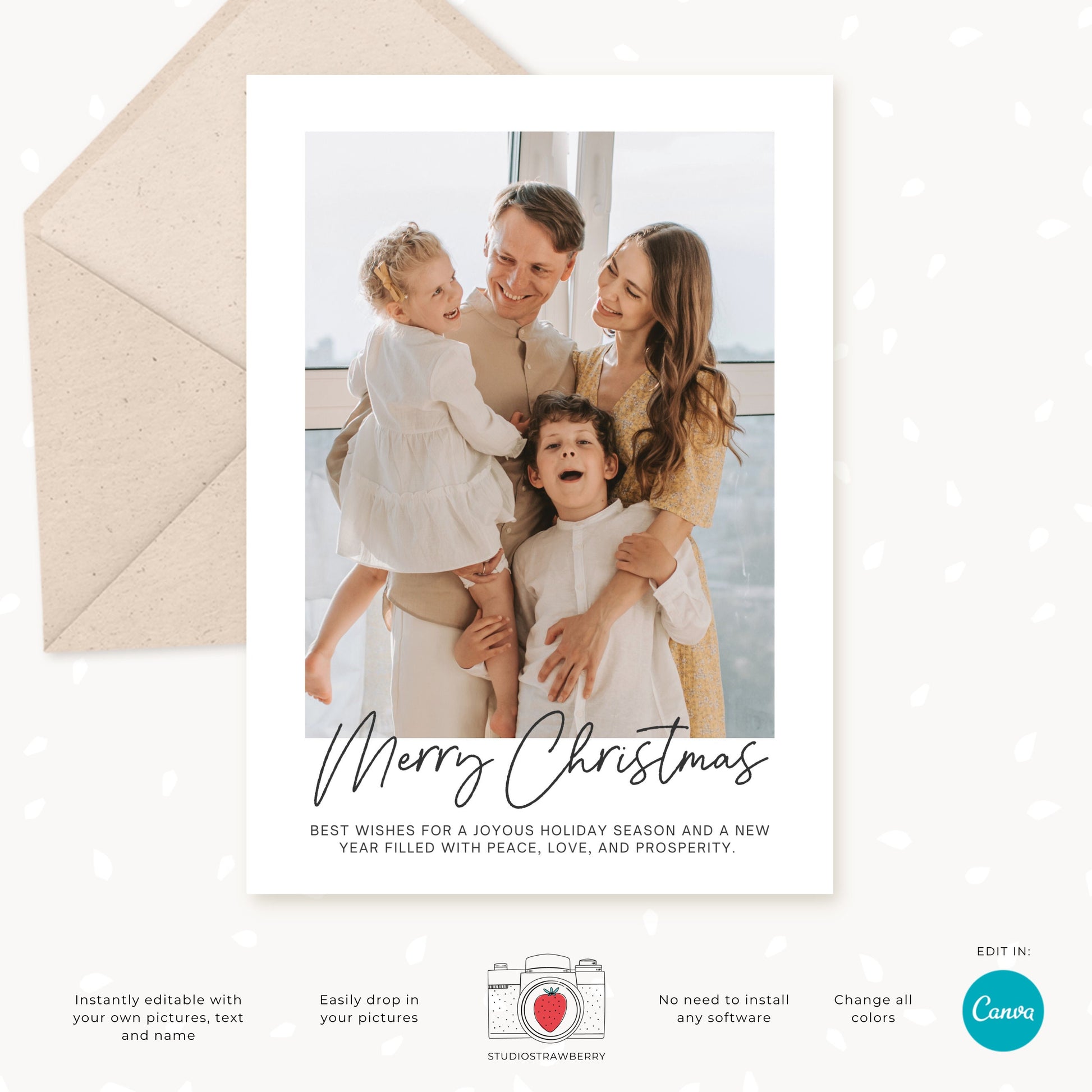 Family year-in-review photo collage card with customizable greeting and modern layout for Christmas or other holidays.
