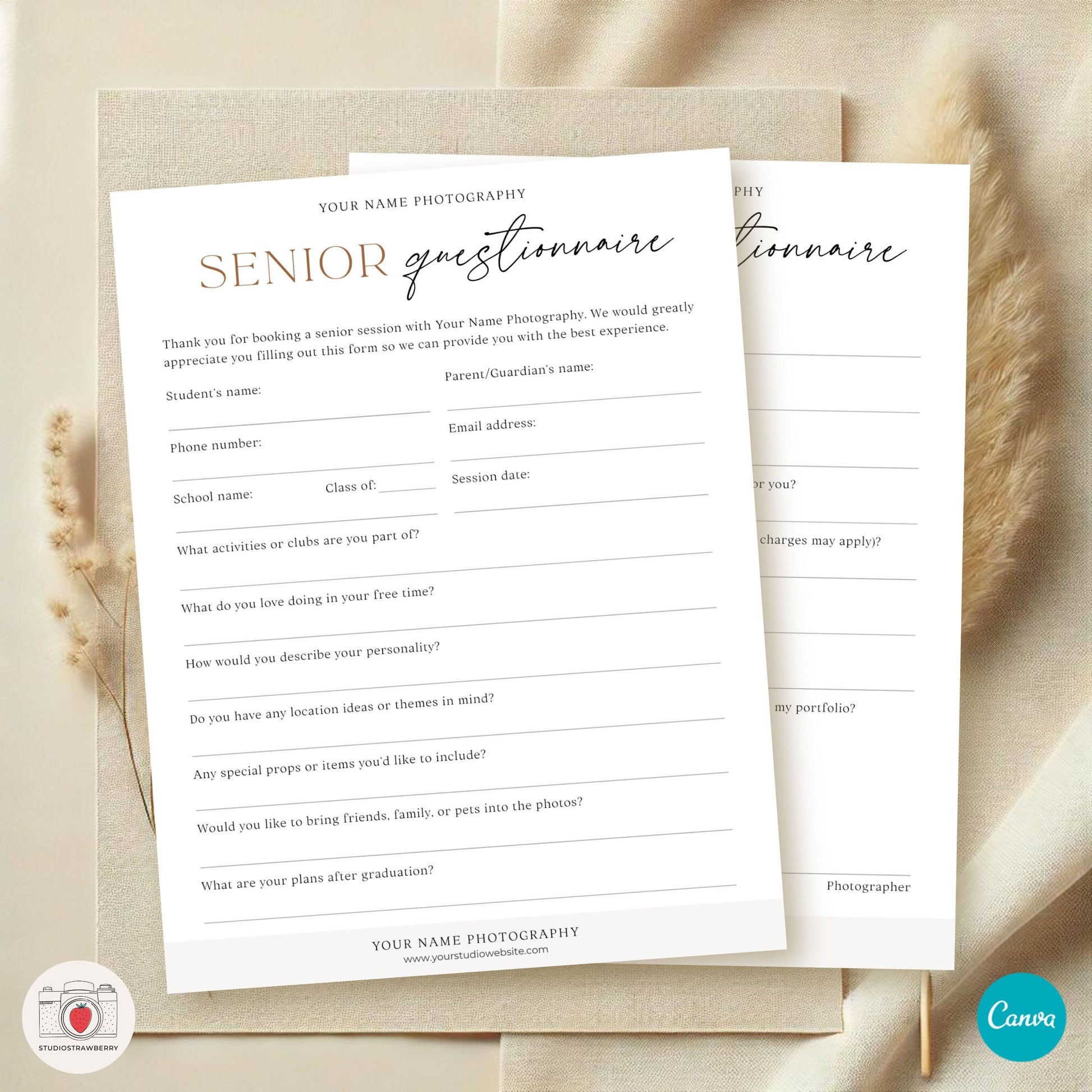 Editable Senior Photography Questionnaire | High School Senior Session Form | Customizable Canva Template for Digital or Printable Use C10