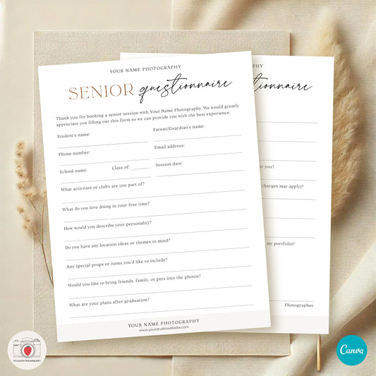 Editable Senior Photography Questionnaire | High School Senior Session Form | Customizable Canva Template for Digital or Printable Use C10