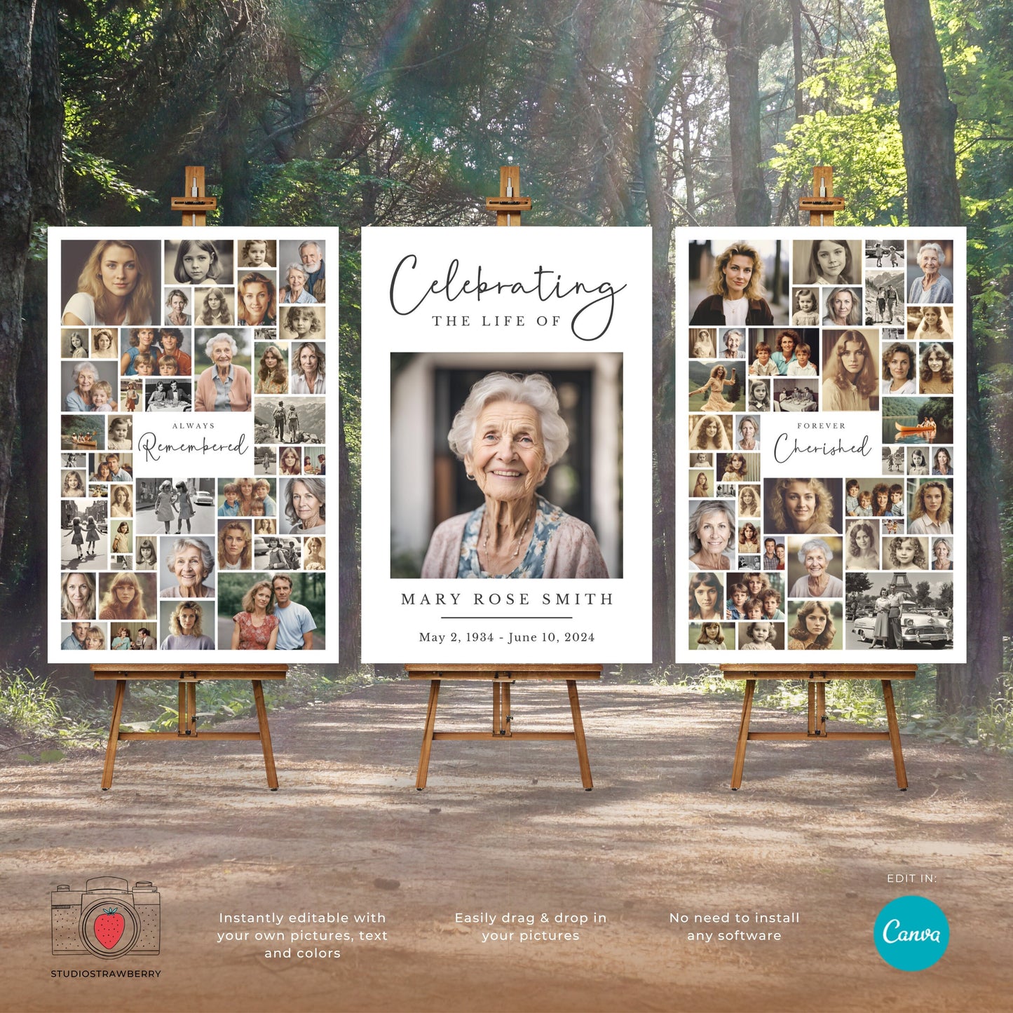 Funeral photo collage, set of three editable photo collages for a celebration of life ceremony