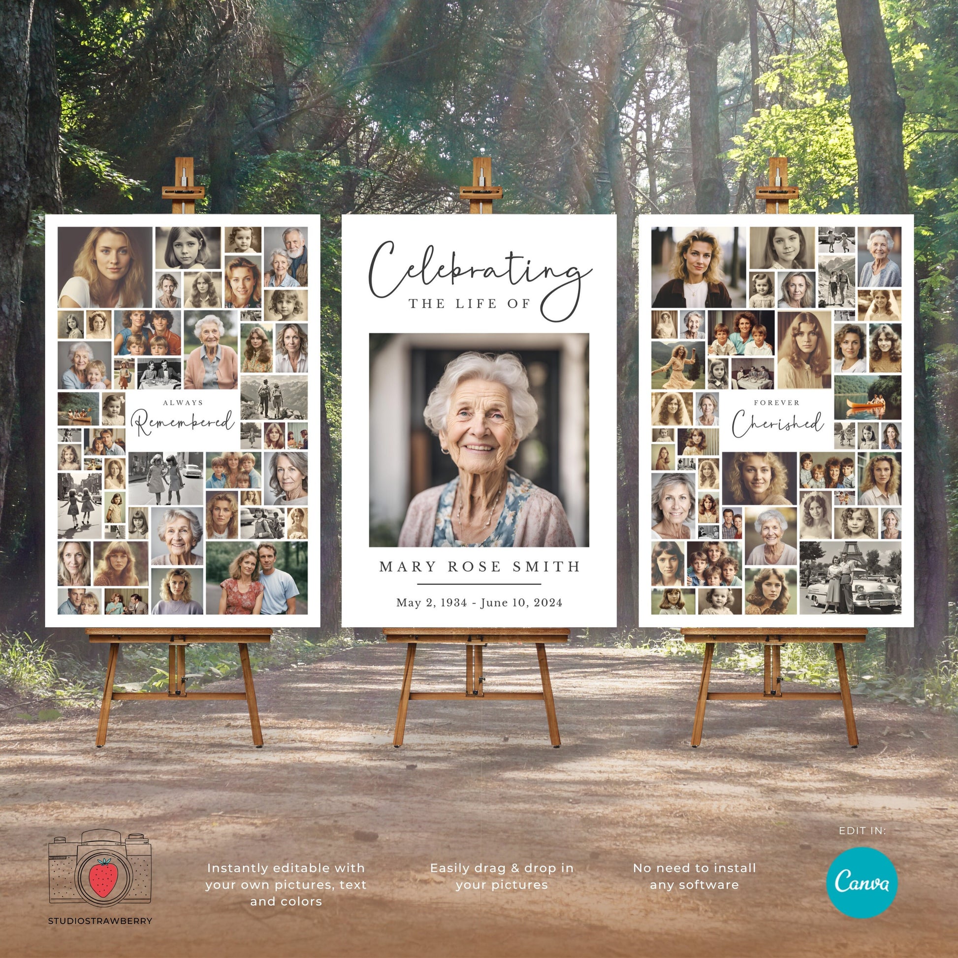 Funeral photo collage, set of three editable photo collages for a celebration of life ceremony