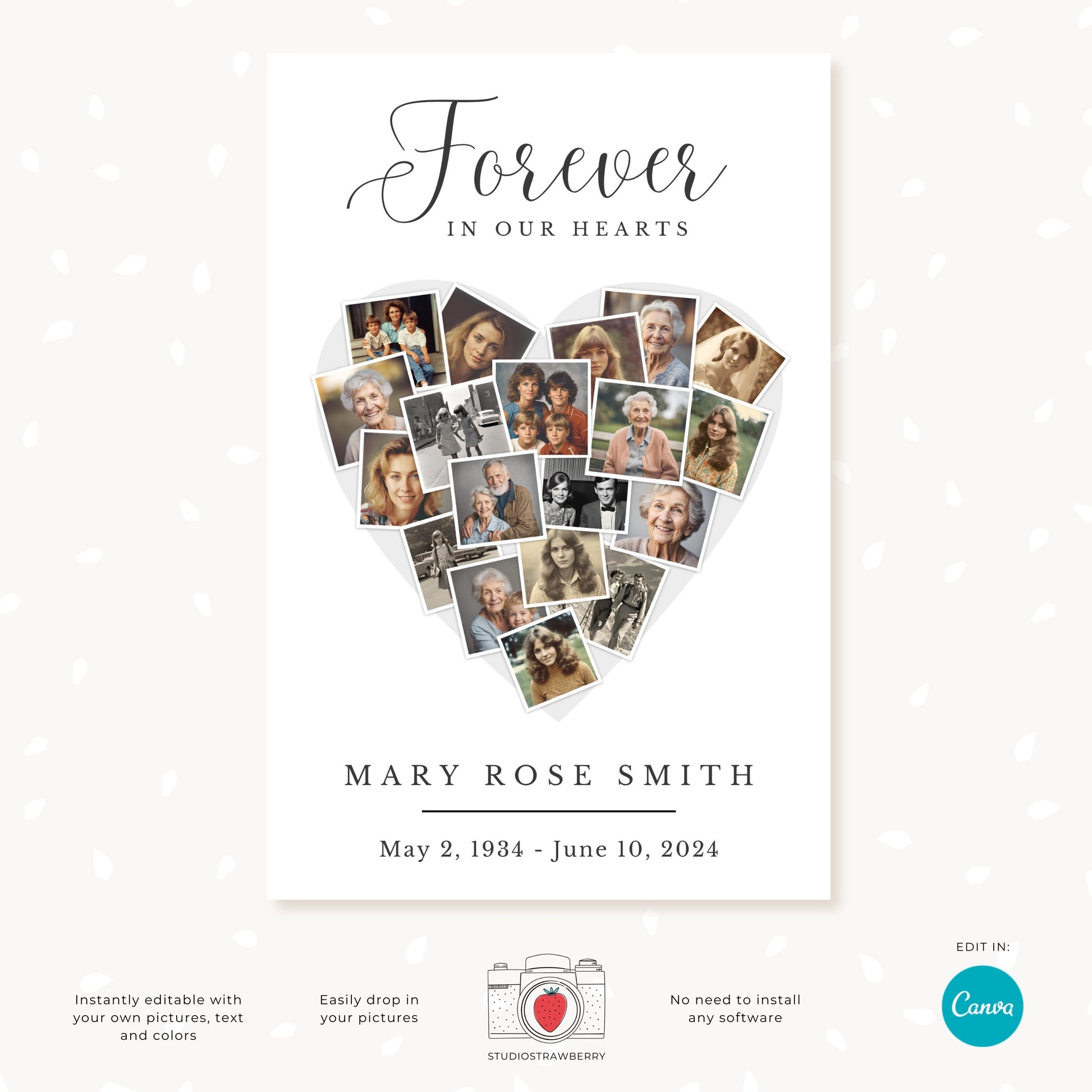 Heart-Shaped Photo Collage Funeral Sign | Customizable Canva Memorial Template