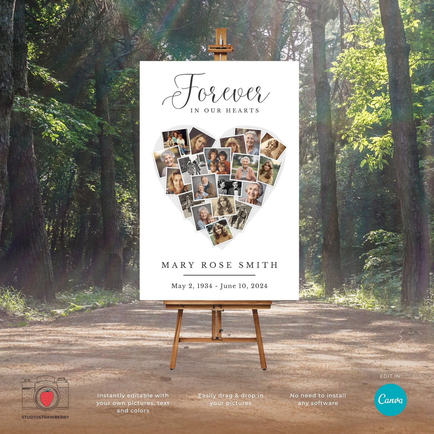 Heart-Shaped Photo Collage Funeral Sign | Customizable Canva Memorial Template
