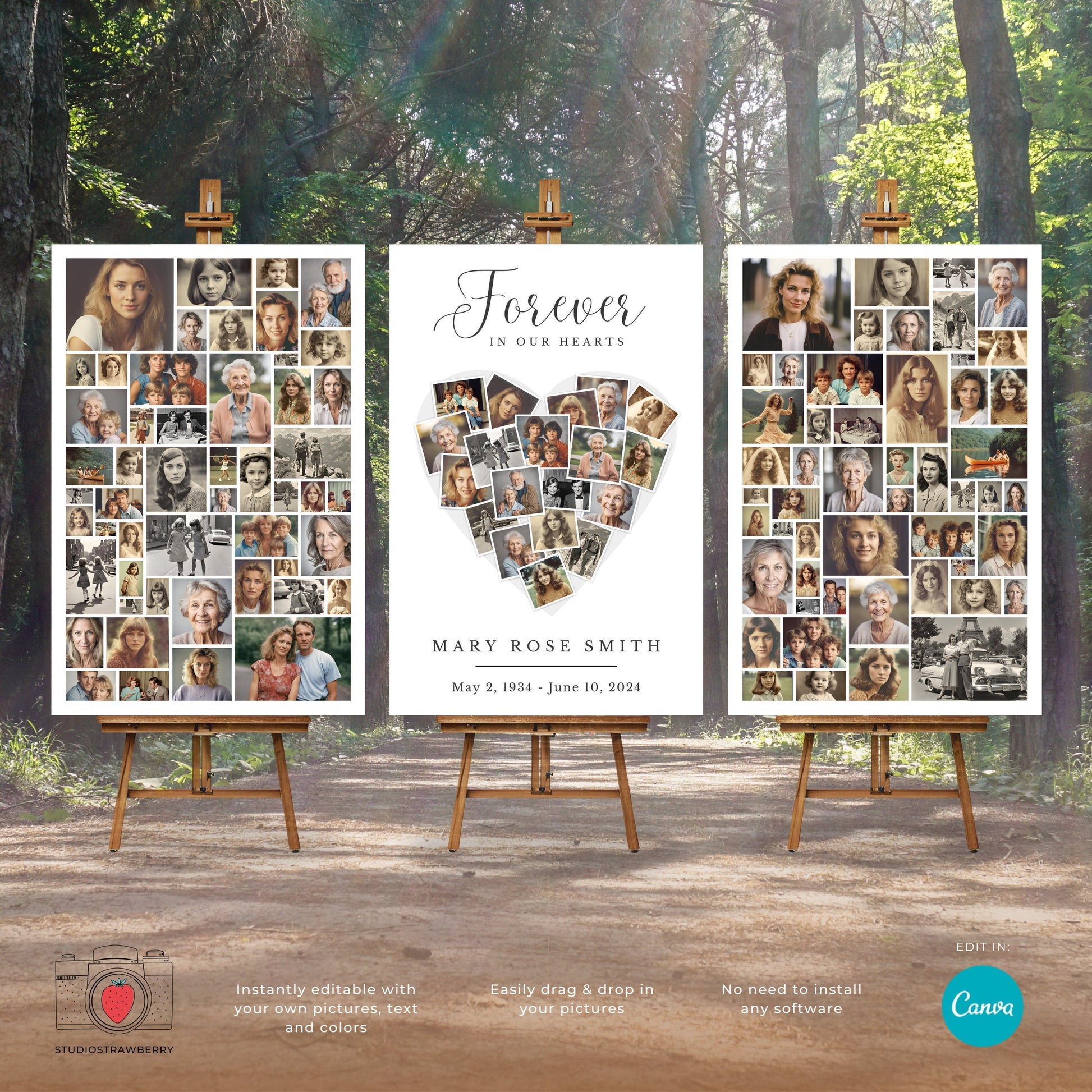 Heart Shaped Funeral Photo Collage Template | Memorial Picture Display Poster | Celebration of Life Canva Template | Set of 3