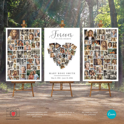 Heart Shaped Funeral Photo Collage Template | Memorial Picture Display Poster | Celebration of Life Canva Template | Set of 3
