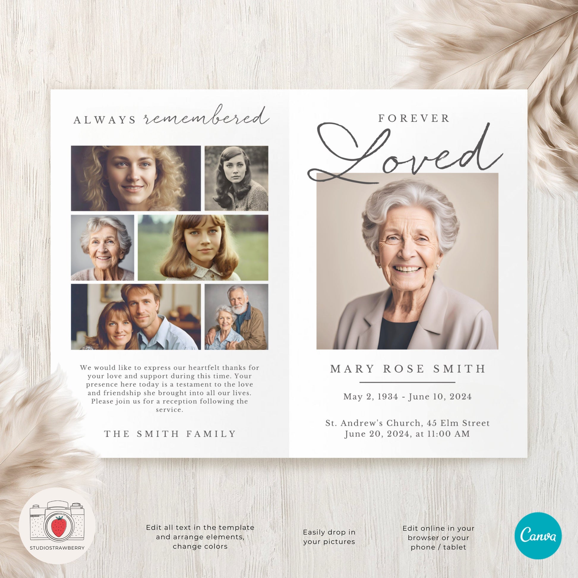 Editable Funeral Program Template with Photo Collage | Customizable Memorial Service Program | US Letter Folded Canva Funeral Booklet