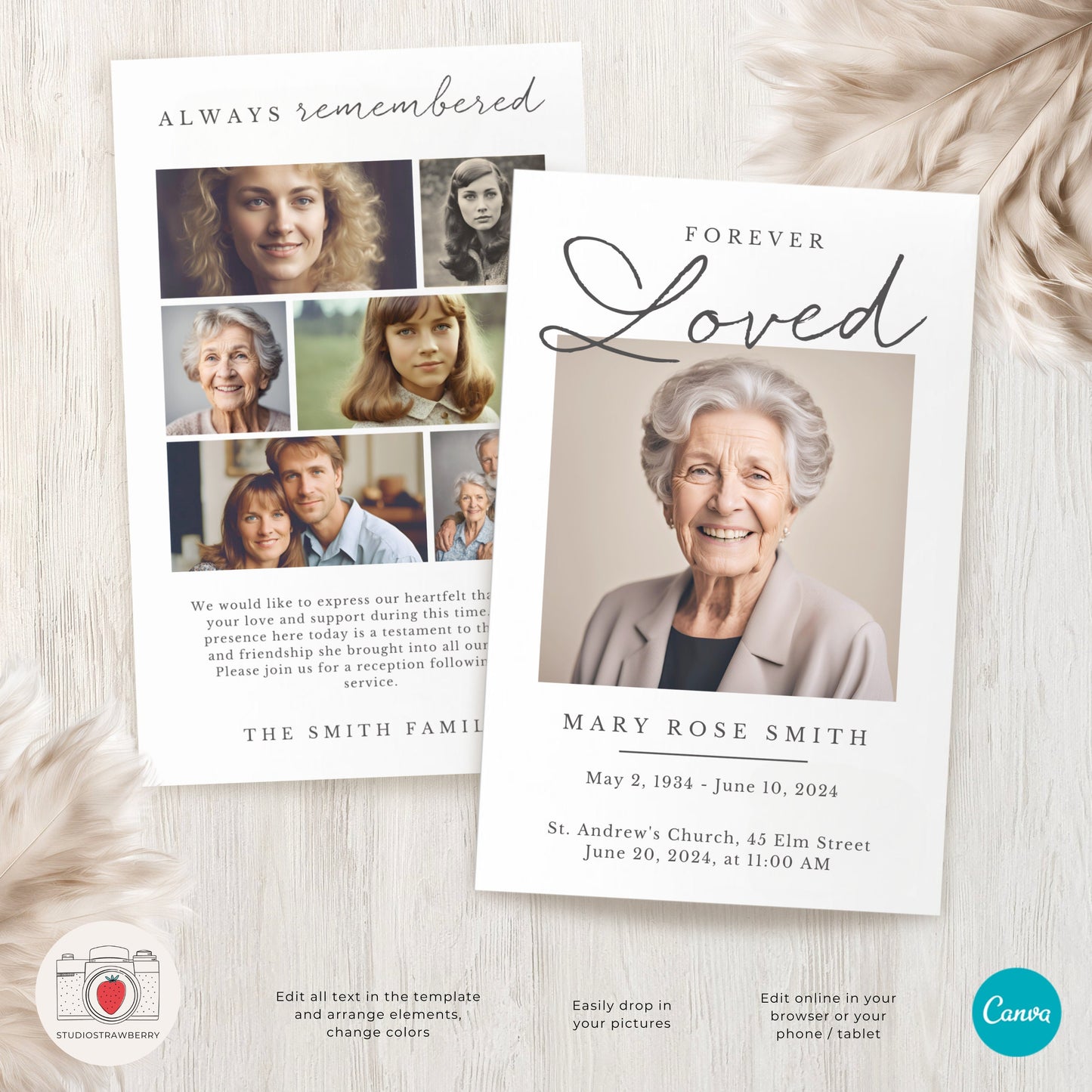 Editable Funeral Program Template with Photo Collage | Customizable Memorial Service Program | US Letter Folded Canva Funeral Booklet