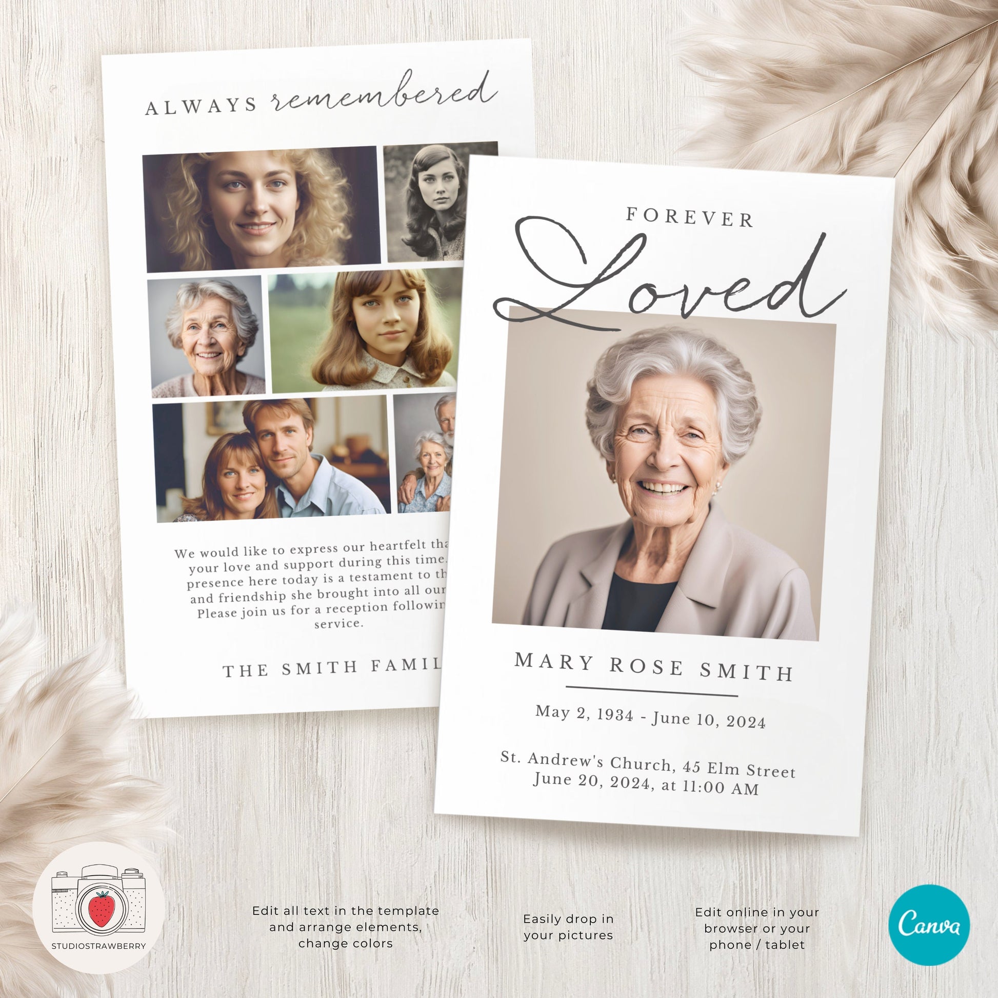 Editable Funeral Program Template with Photo Collage | Customizable Memorial Service Program | US Letter Folded Canva Funeral Booklet