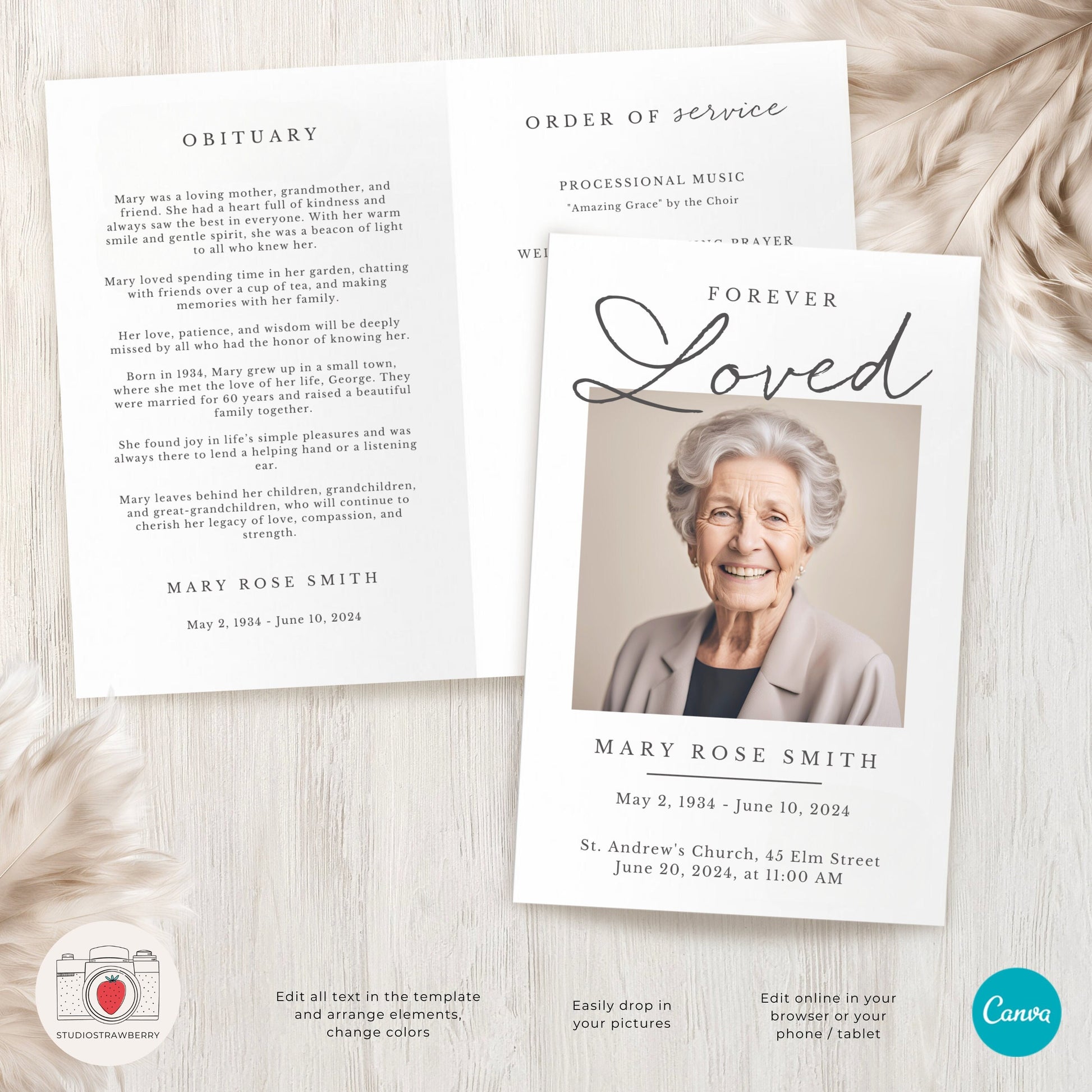 Editable Funeral Program Template with Photo Collage | Customizable Memorial Service Program | US Letter Folded Canva Funeral Booklet