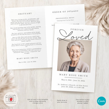 Editable Funeral Program Template with Photo Collage | Customizable Memorial Service Program | US Letter Folded Canva Funeral Booklet