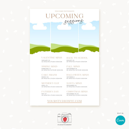 Upcoming Sessions Card for Photographers | Photography Marketing Template | Canva Mini Session Promo | Photography Schedule Flyer