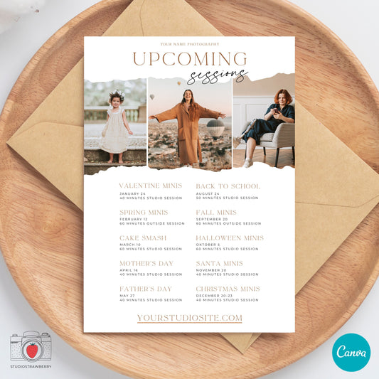 Upcoming Sessions Card for Photographers | Photography Marketing Template | Canva Mini Session Promo | Photography Schedule Flyer