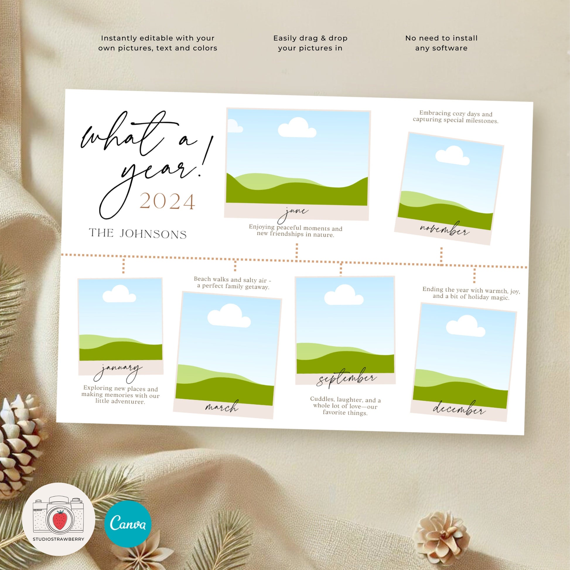 Year in Review Photo Card with Timeline Design, Custom Family Year Summary, Year Highlights, Editable Recap Card