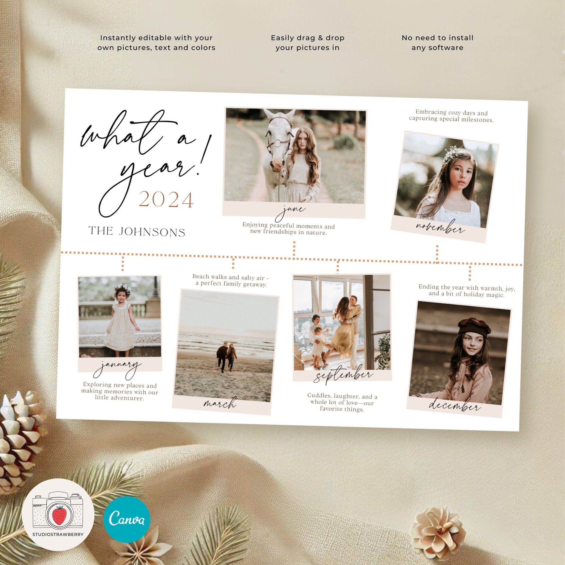 Year in Review Photo Card with Timeline Design, Custom Family Year Summary, Year Highlights, Editable Recap Card