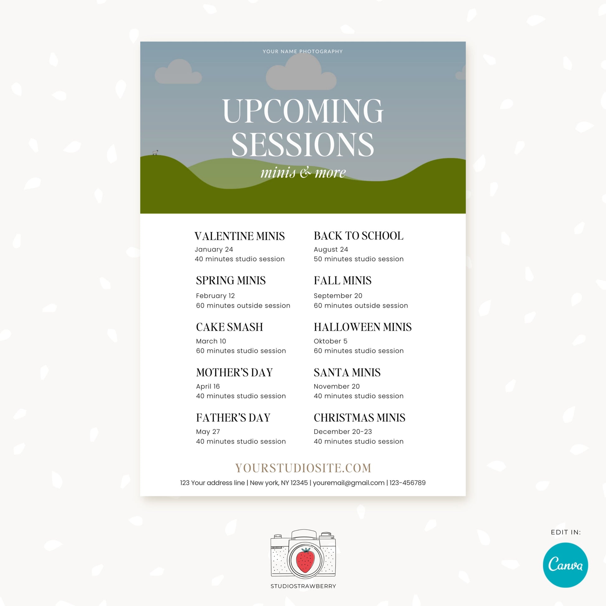Photography Upcoming Sessions Template | Mini Session Marketing Flyer | Canva Editable Photographer Marketing Card | C12