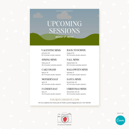 Photography Upcoming Sessions Template | Mini Session Marketing Flyer | Canva Editable Photographer Marketing Card | C12