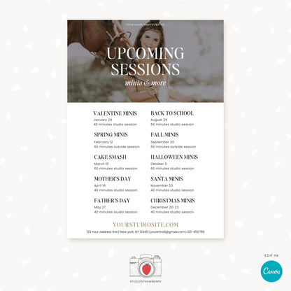 Photography Upcoming Sessions Template | Mini Session Marketing Flyer | Canva Editable Photographer Marketing Card | C12