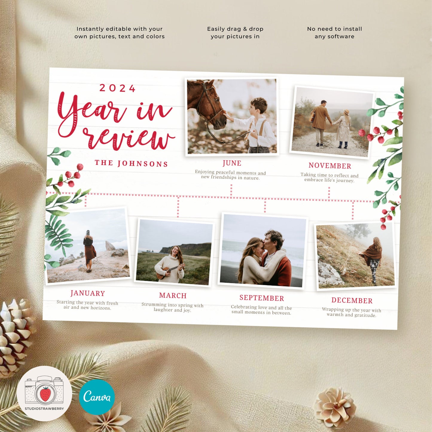 Editable Year in Review Holiday Card with Timeline | Family Christmas Card Template | Customizable New Year Photo Card Design | Drag & Drop
