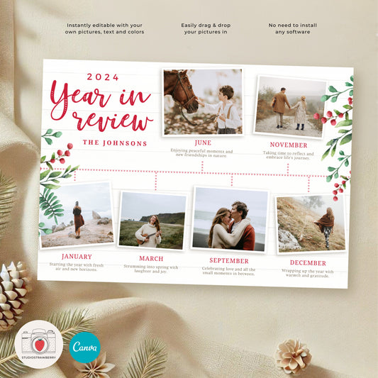 Editable Year in Review Holiday Card with Timeline | Family Christmas Card Template | Customizable New Year Photo Card Design | Drag & Drop