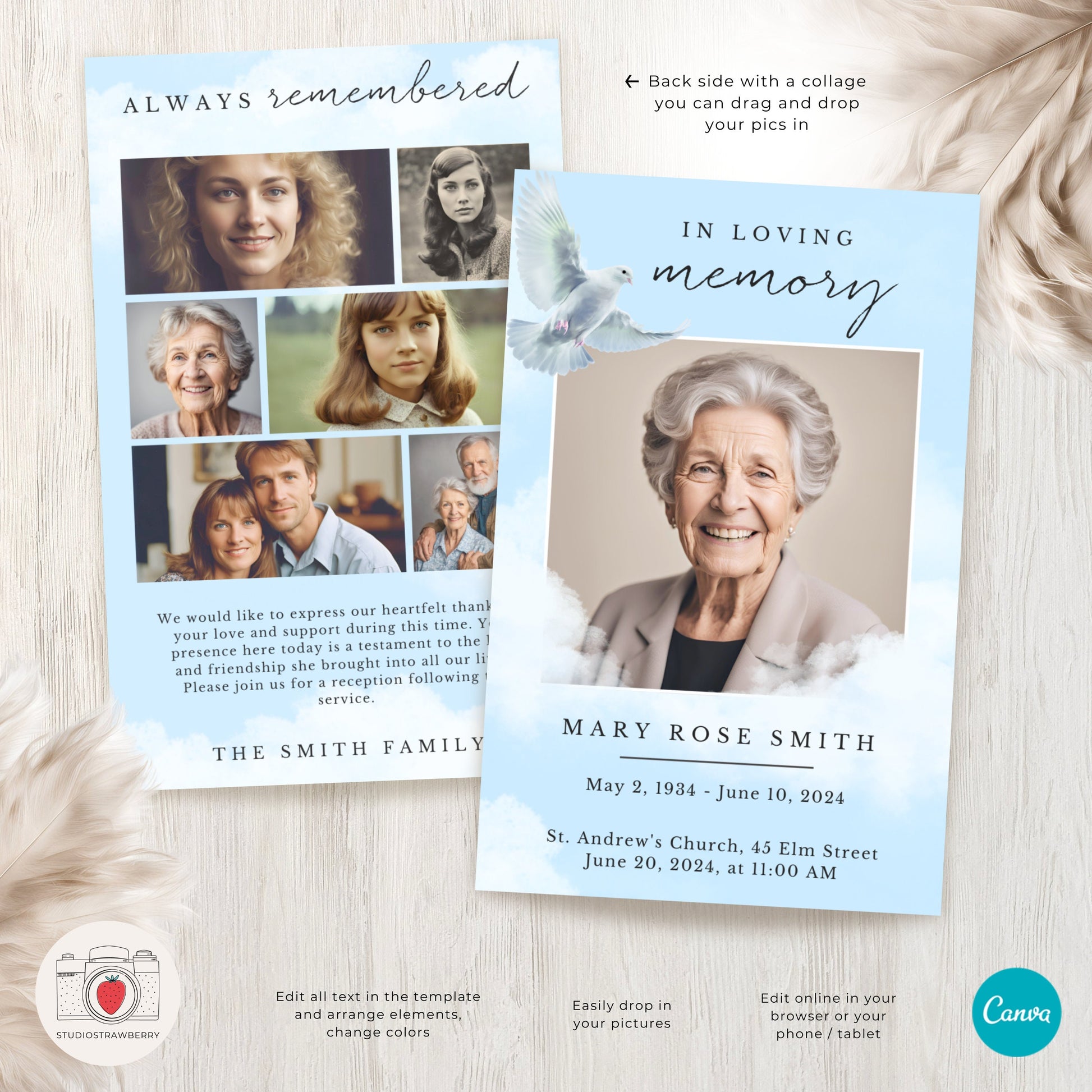 Funeral Program Template with Dove | Canva Memorial Service Program | Printable Obituary with Order of Service | Folded Standard Letter Size