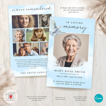 Funeral Program Template with Dove | Canva Memorial Service Program | Printable Obituary with Order of Service | Folded Standard Letter Size