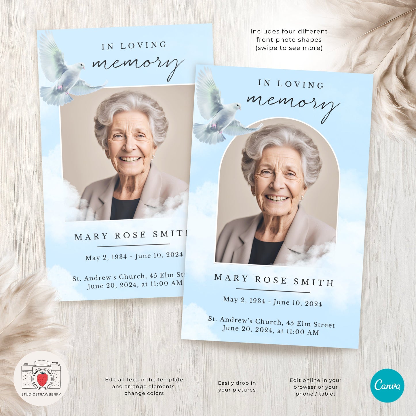 Funeral Program Template with Dove | Canva Memorial Service Program | Printable Obituary with Order of Service | Folded Standard Letter Size