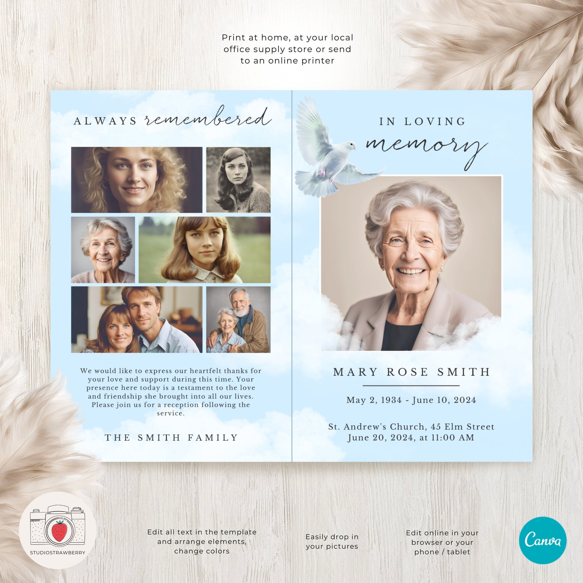 Funeral Program Template with Dove | Canva Memorial Service Program | Printable Obituary with Order of Service | Folded Standard Letter Size