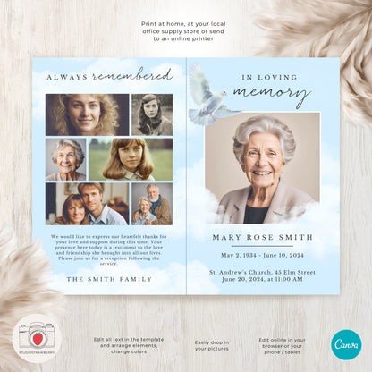 Funeral Program Template with Dove | Canva Memorial Service Program | Printable Obituary with Order of Service | Folded Standard Letter Size