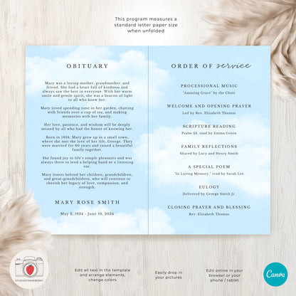 Funeral Program Template with Dove | Canva Memorial Service Program | Printable Obituary with Order of Service | Folded Standard Letter Size