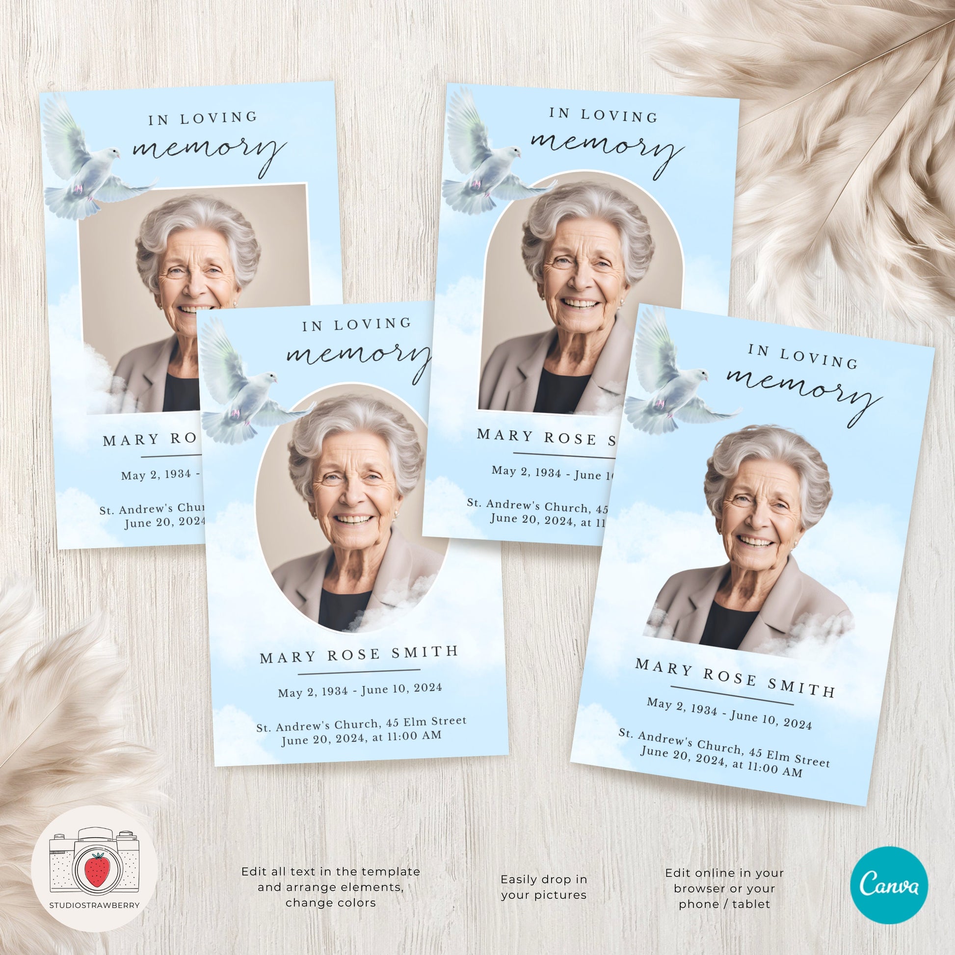Funeral Program Template with Dove | Canva Memorial Service Program | Printable Obituary with Order of Service | Folded Standard Letter Size
