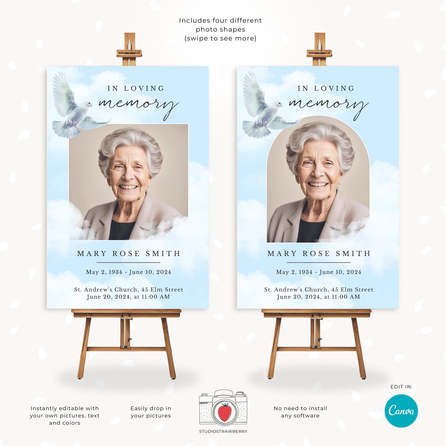 Editable Funeral Sign with Dove Design | Canva 36x24 Memorial Service Poster | Printable In Loving Memory Sign for Christian Funerals