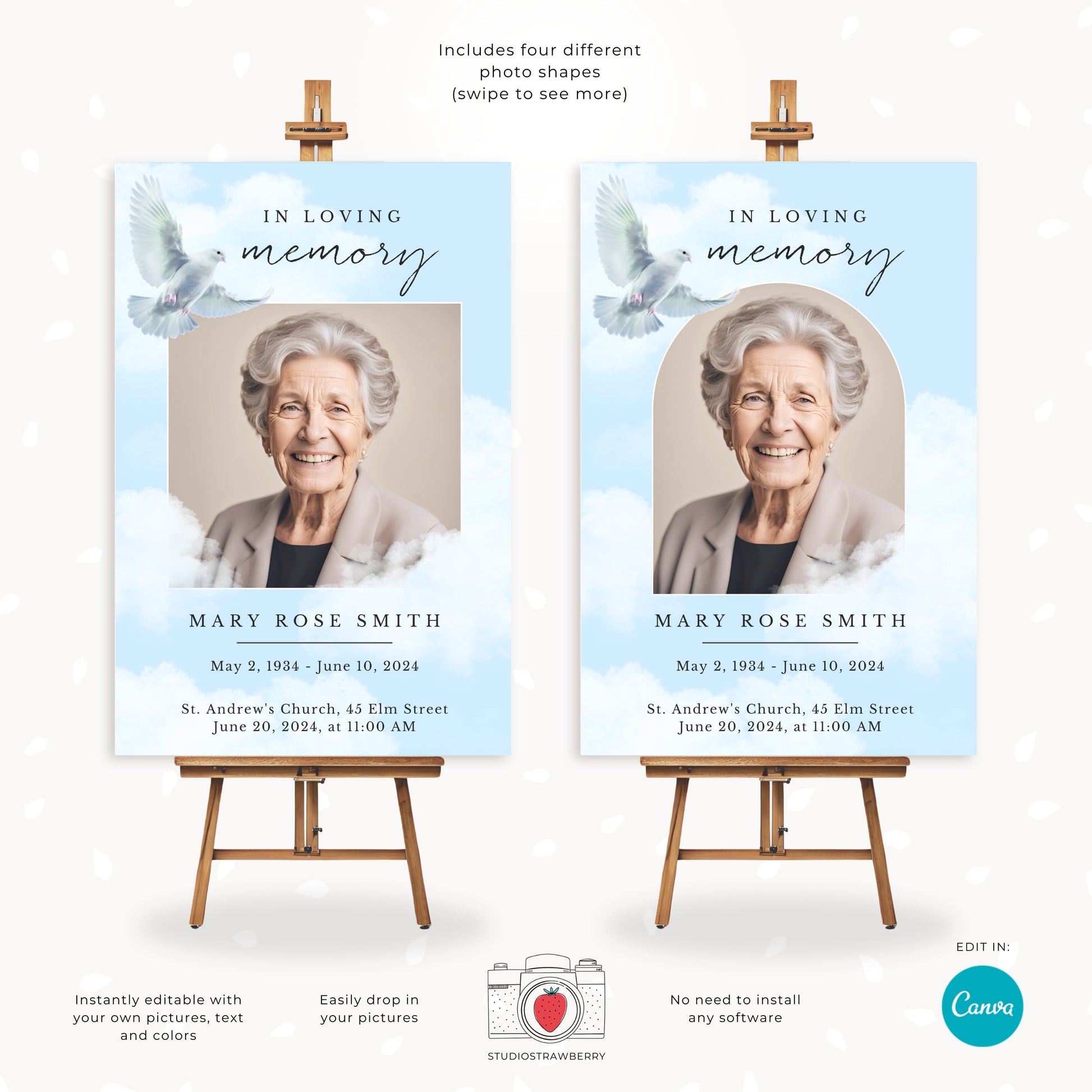 Editable Funeral Sign with Dove Design | Canva 36x24 Memorial Service Poster | Printable In Loving Memory Sign for Christian Funerals