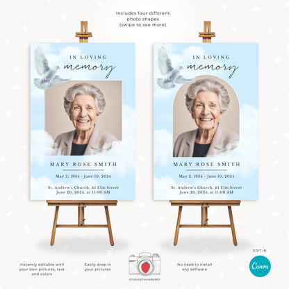Editable Funeral Sign with Dove Design | Canva 36x24 Memorial Service Poster | Printable In Loving Memory Sign for Christian Funerals