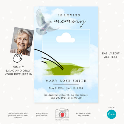 Editable Funeral Sign with Dove Design | Canva 36x24 Memorial Service Poster | Printable In Loving Memory Sign for Christian Funerals